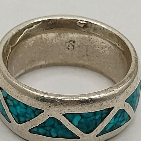 Turquoise Chip Inlay Sterling Silver Ring Size 4.25 - Picture 2 of 6